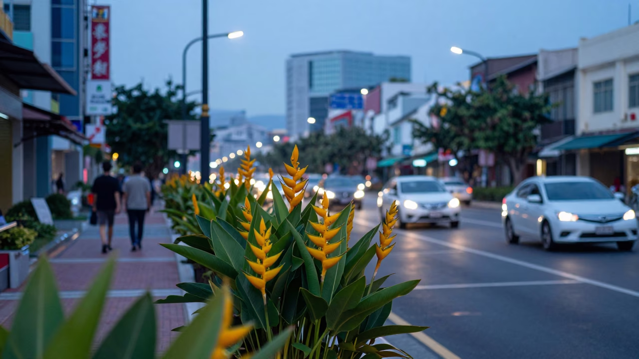 Kaohsiung Taiwan Nautical Dawn Heliconia and Monks Street Scene in in Kaohsiung, Taiwan