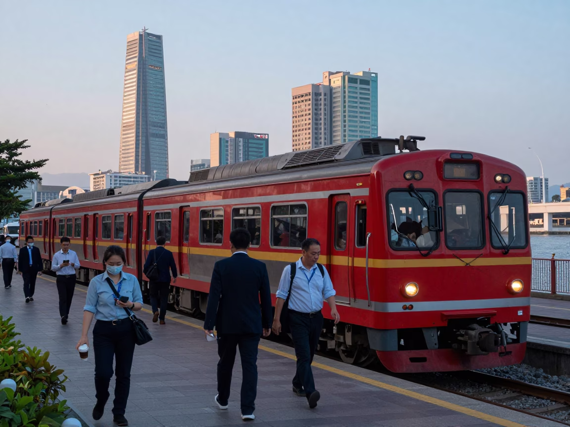 Kaohsiung Taiwan Nautical Dawn Street Scene with Commuters and Urban Infrastructure in in Kaohsiung, Taiwan