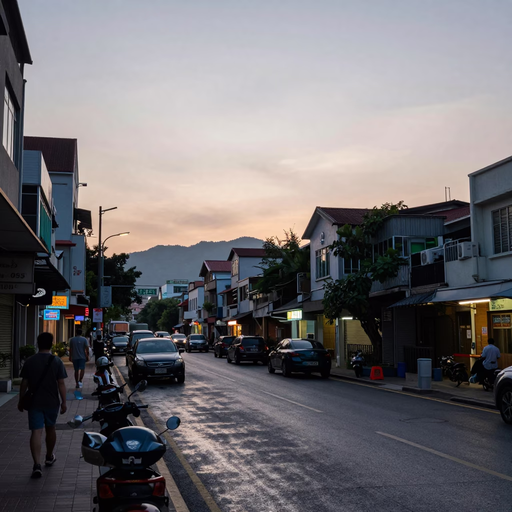 Kaohsiung Taiwan Nautical Dawn Street Scene with Grease Sheen on Wet Pavement in in Kaohsiung, Taiwan