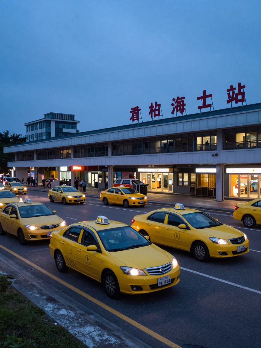Kaohsiung Taiwan Nautical Dawn Street Scene with Taxi Rank and Morning Light in in Kaohsiung, Taiwan