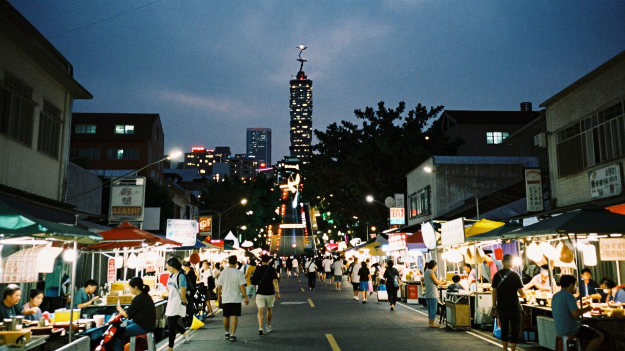 Kaohsiung Taiwan Night Market Street Scene with Funicular Hill and City Lights in in Kaohsiung, Taiwan