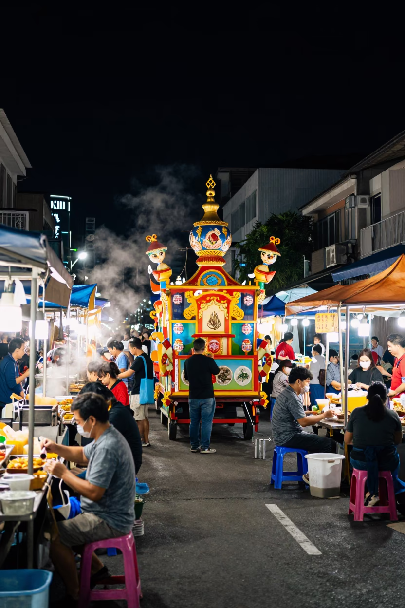 Kaohsiung Taiwan Night Street Market Processional Float and Tea Stains in in Kaohsiung, Taiwan
