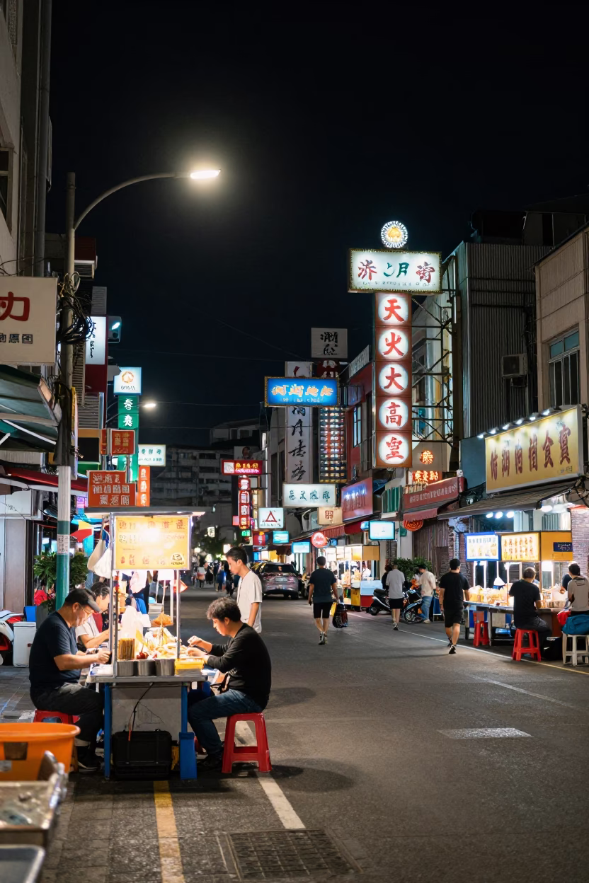 Kaohsiung Taiwan Night Street Scene With Neon Signs And Busy Traffic Under Deep Sky in in Kaohsiung, Taiwan