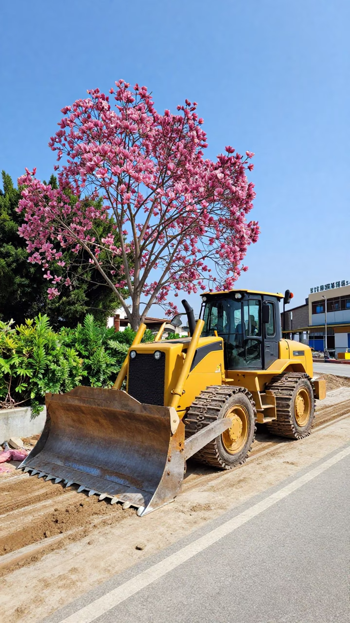 Kaohsiung Taiwan Noon Street Scene with Bulldozer and Greenery in in Kaohsiung, Taiwan