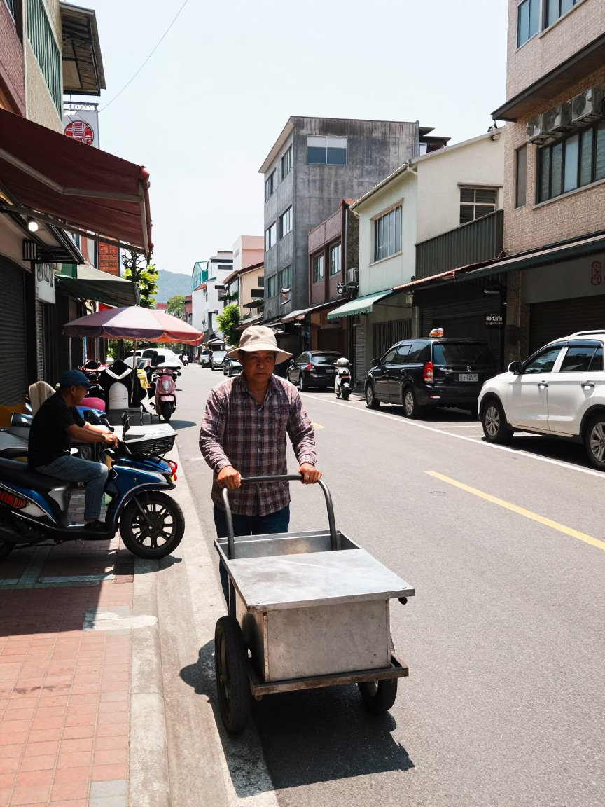 Kaohsiung Taiwan Noon Street Scene with Local Vendor and Caster Wheel Cart in in Kaohsiung, Taiwan