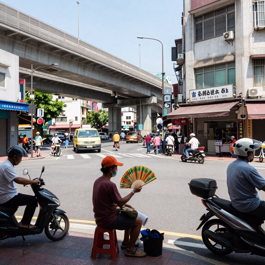 Kaohsiung Taiwan Noon Street Scene with Overpass Interchange and Paper Fan Vendor in in Kaohsiung, Taiwan