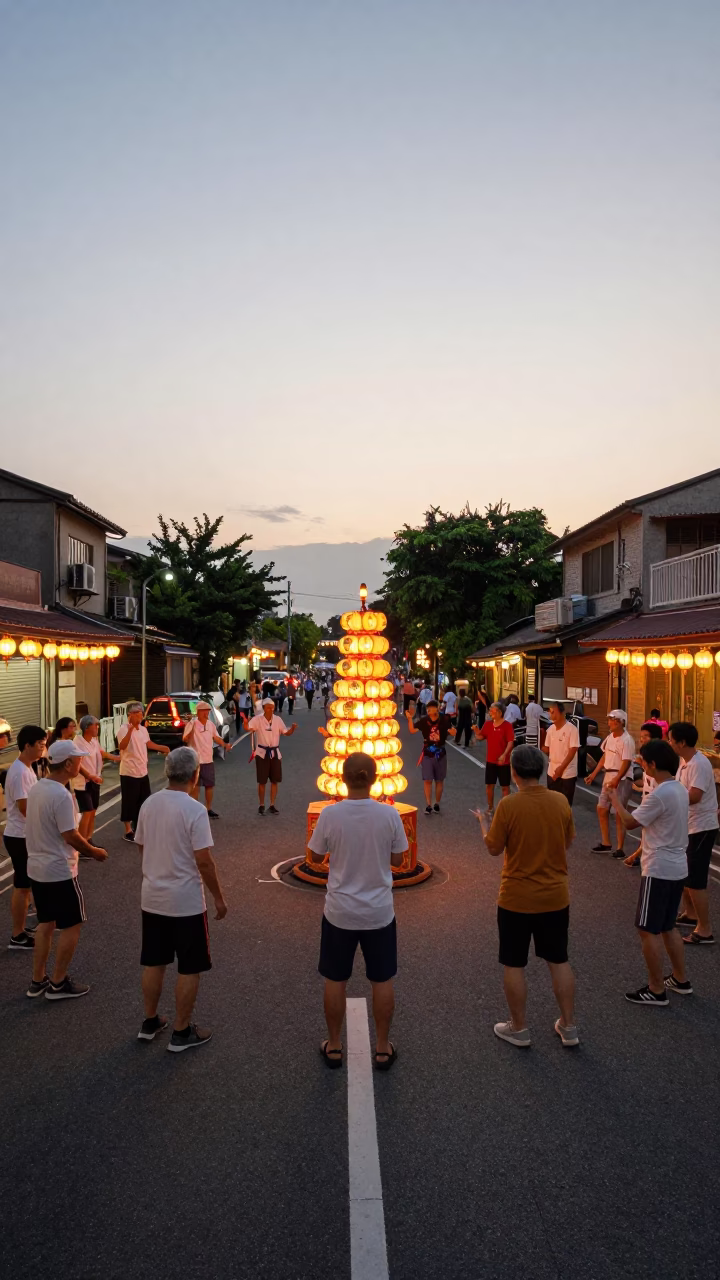 Kaohsiung Taiwan Obon Lantern Dance Circle in Honeyed Evening Light 1970s in in Kaohsiung, Taiwan