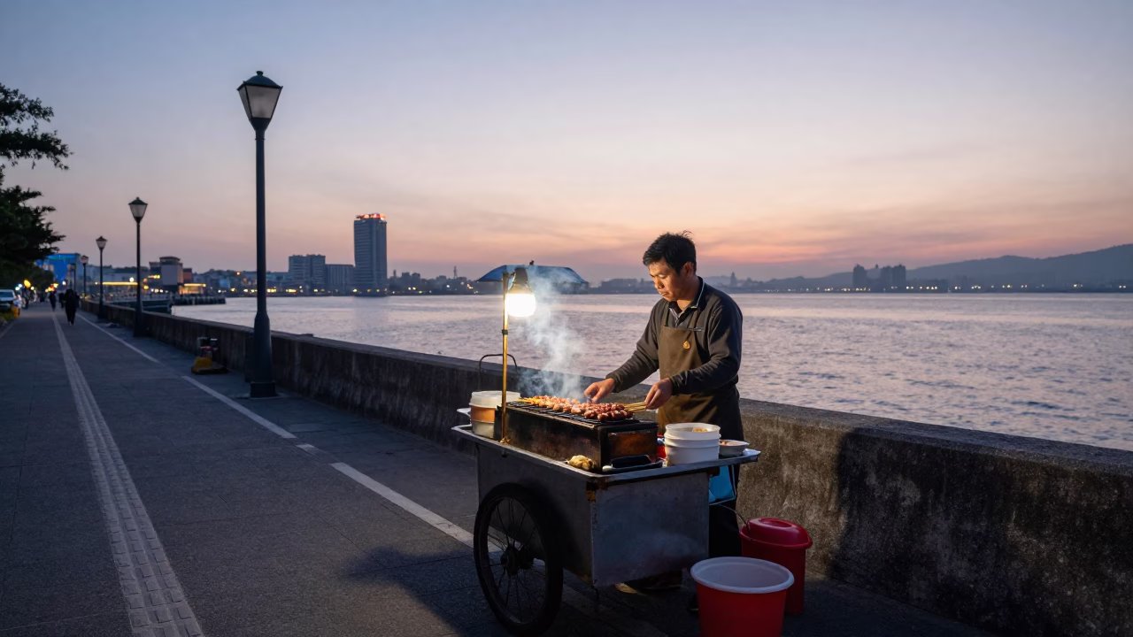 Kaohsiung Taiwan Pre-Dawn Street Food Vendor Grilling Breakfast Near Harbor in in Kaohsiung, Taiwan