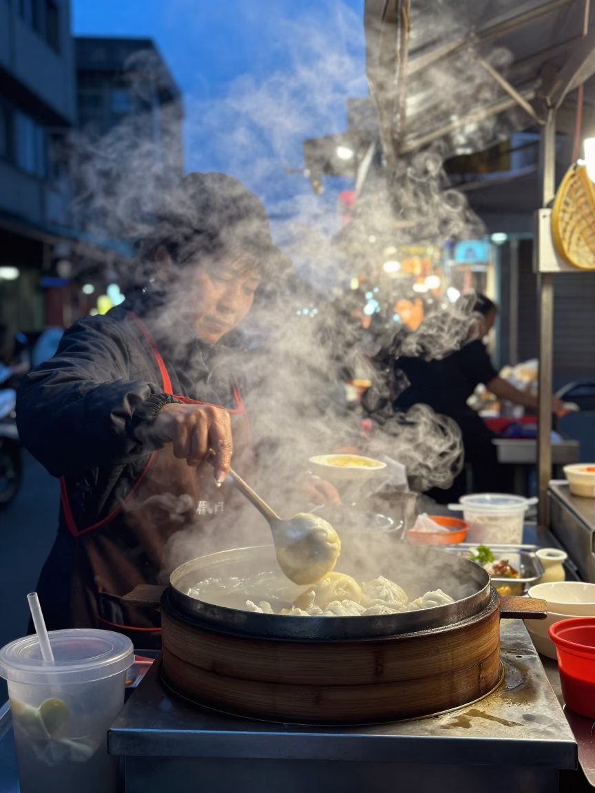 Kaohsiung Taiwan pre-dawn street food vendor preparing steaming hot breakfast snacks in in Kaohsiung, Taiwan