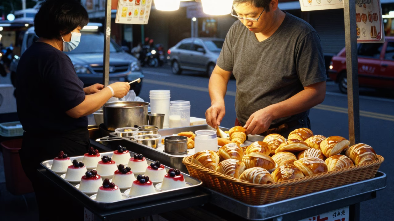 Kaohsiung Taiwan Pre-Dawn Street Life with Food Vendor and Morning Commuters in in Kaohsiung, Taiwan