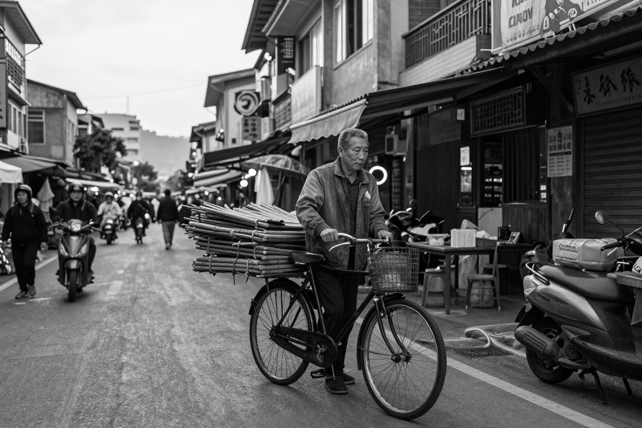 Kaohsiung Taiwan Pre-Dawn Street Scene with Vintage Scooter and Market Stall in in Kaohsiung, Taiwan