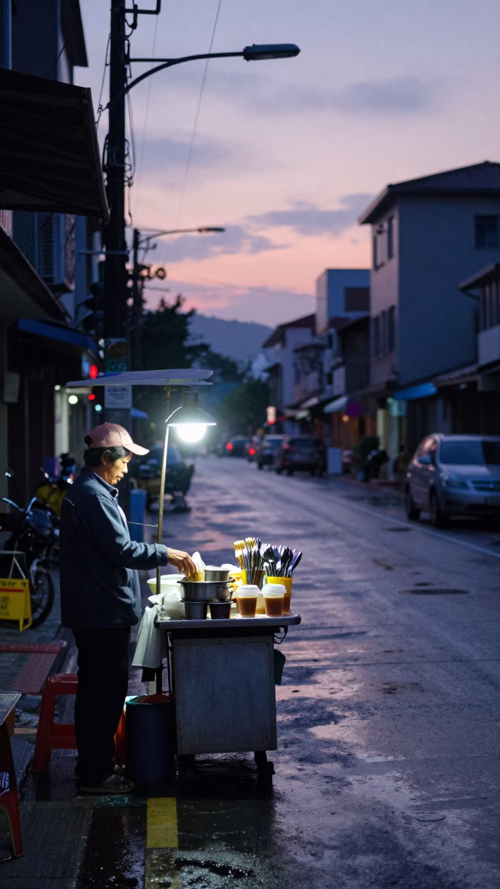Kaohsiung Taiwan Pre-Dawn Street Vendor Selling Coffee and Cutlery in in Kaohsiung, Taiwan