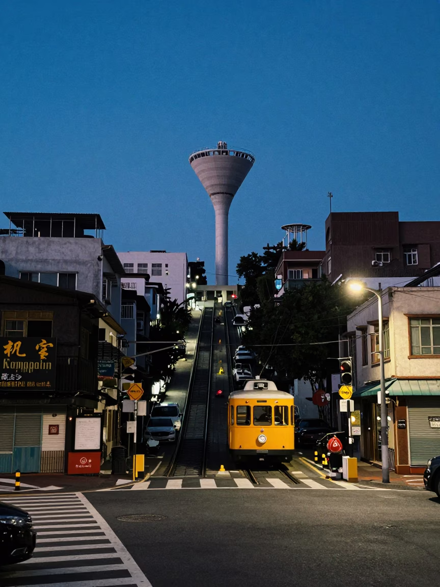 Kaohsiung Taiwan Pre-Dawn Urban Street Scene with Funnel and Terraced Hillside in in Kaohsiung, Taiwan