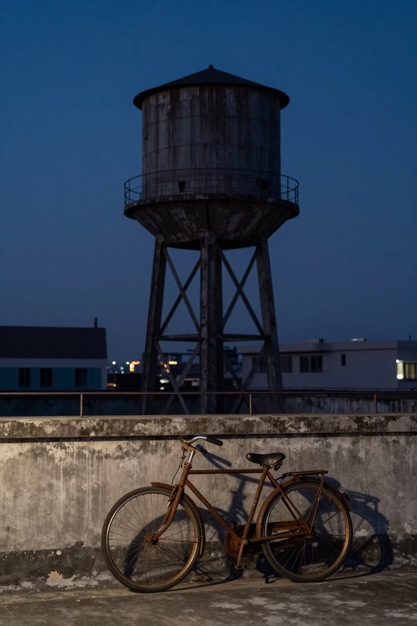 Kaohsiung Taiwan Predawn Rooftop Water Tower and Bicycle Scene in in Kaohsiung, Taiwan