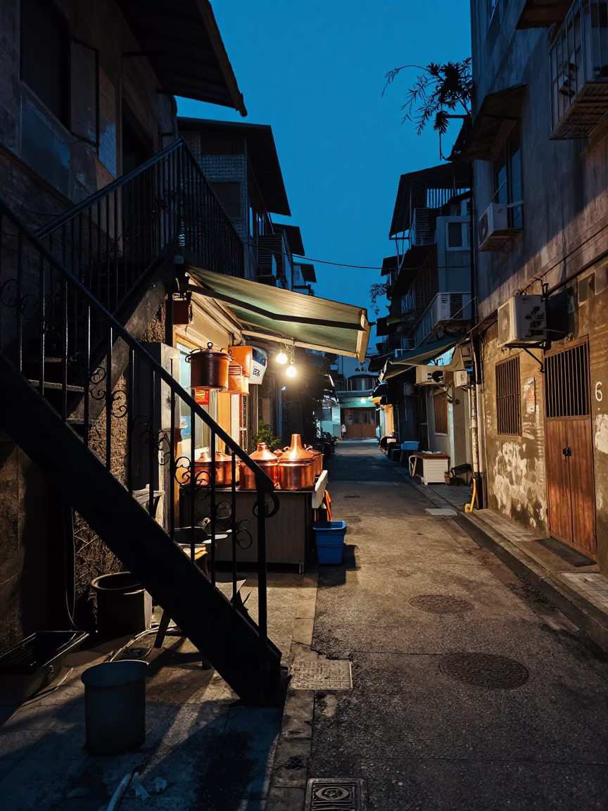 Kaohsiung Taiwan predawn street scene with copper pots and stair rail in in Kaohsiung, Taiwan