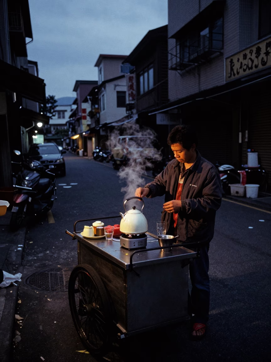 Kaohsiung Taiwan predawn street scene with electric kettle and glass carafe on vendor cart in in Kaohsiung, Taiwan