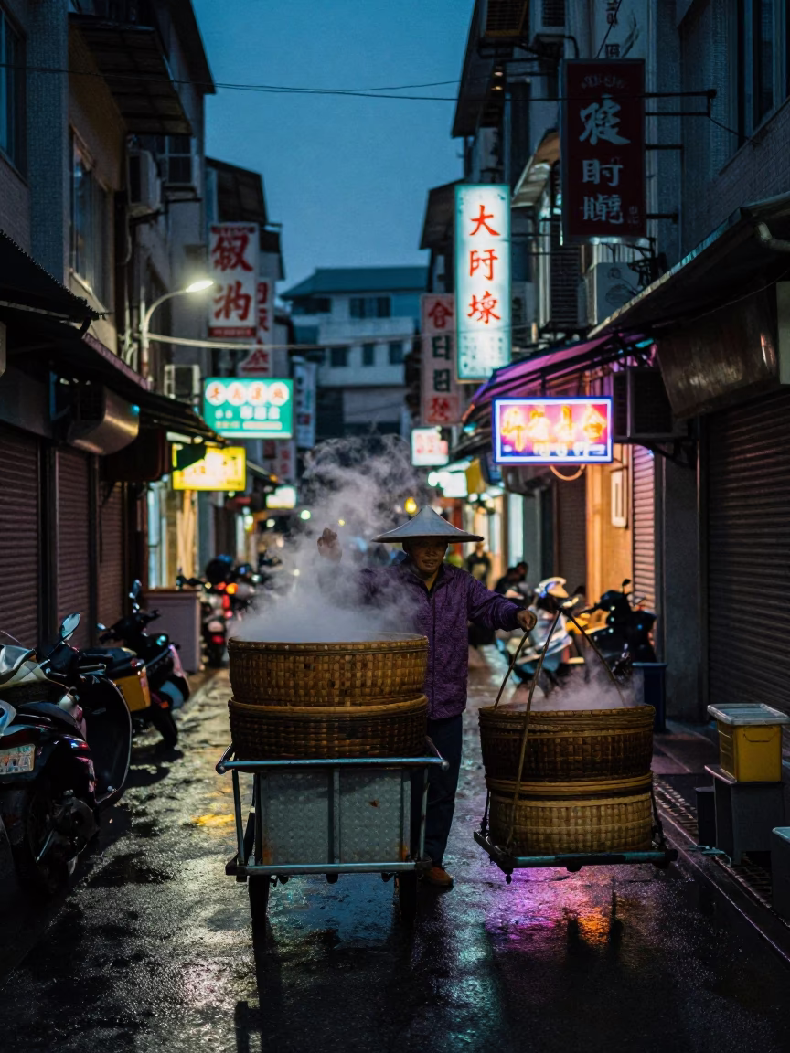 Kaohsiung Taiwan predawn street scene with vendor rolling carts and neon signs in in Kaohsiung, Taiwan