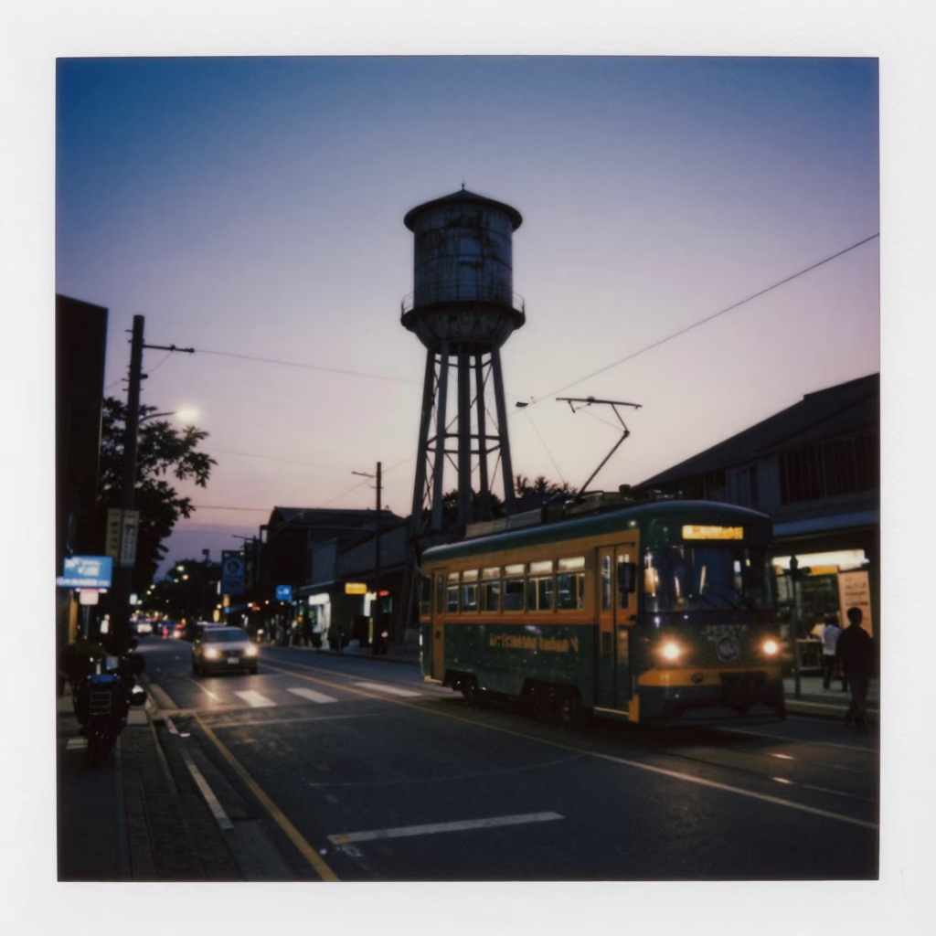 Kaohsiung Taiwan Predawn Street Scene with Water Tower and Tramcar in in Kaohsiung, Taiwan