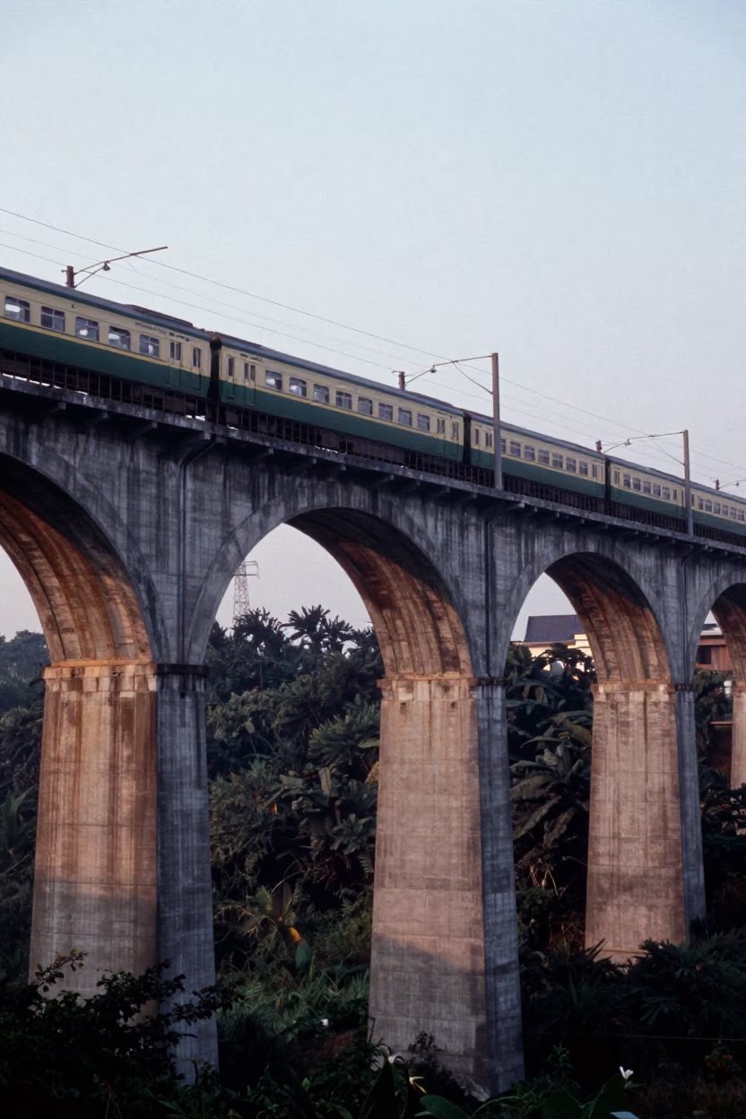 Kaohsiung Taiwan Railway Viaduct Arch Bridge Passing Train at Dawn Street Scene in in Kaohsiung, Taiwan