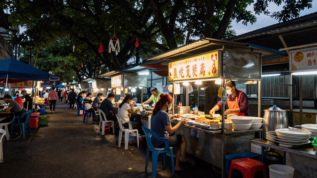 Kaohsiung Taiwan street food stall at dawn with serving bowls and dish drainer in in Kaohsiung, Taiwan