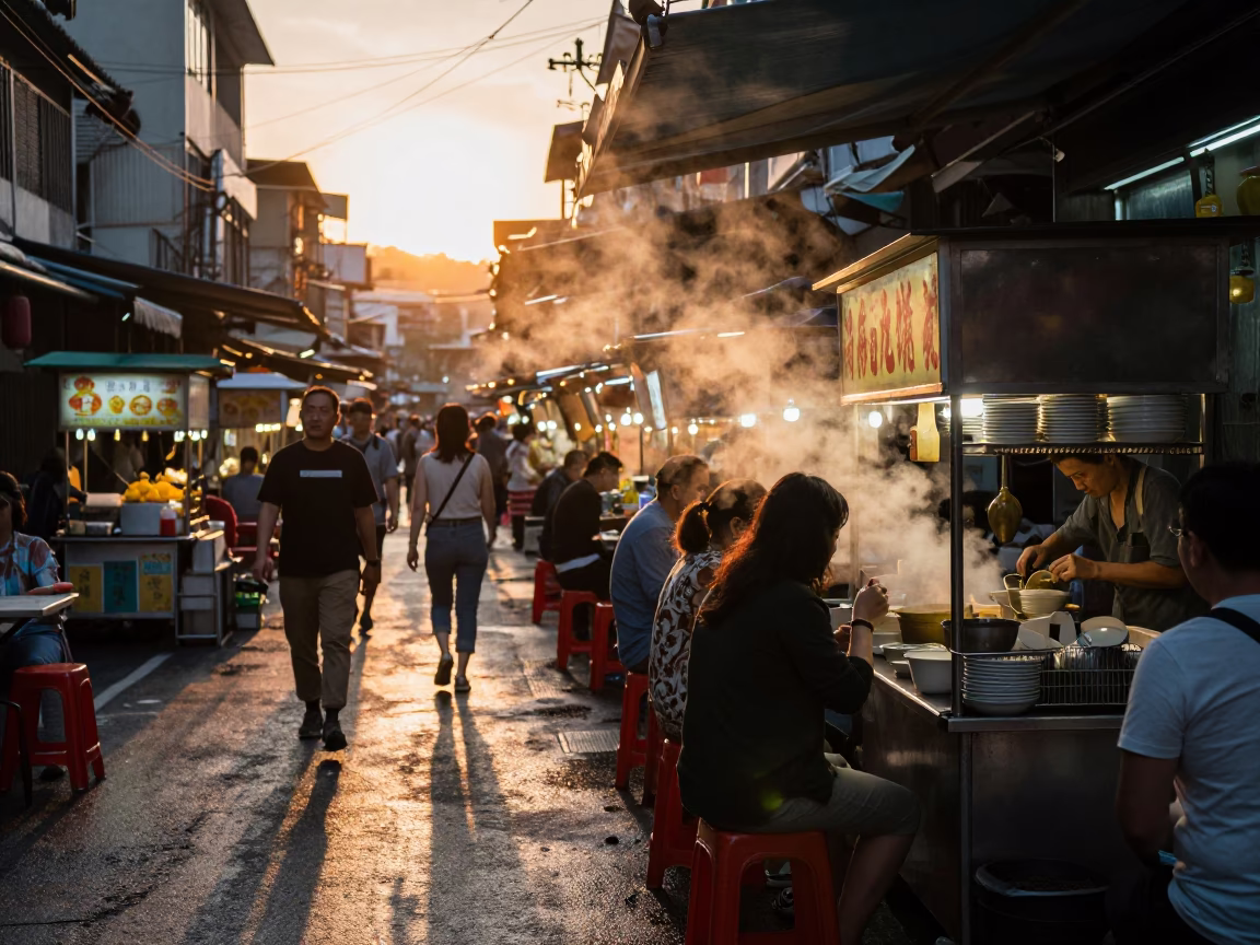 Kaohsiung Taiwan street food stall sunset steam haze busy evening market scene in in Kaohsiung, Taiwan