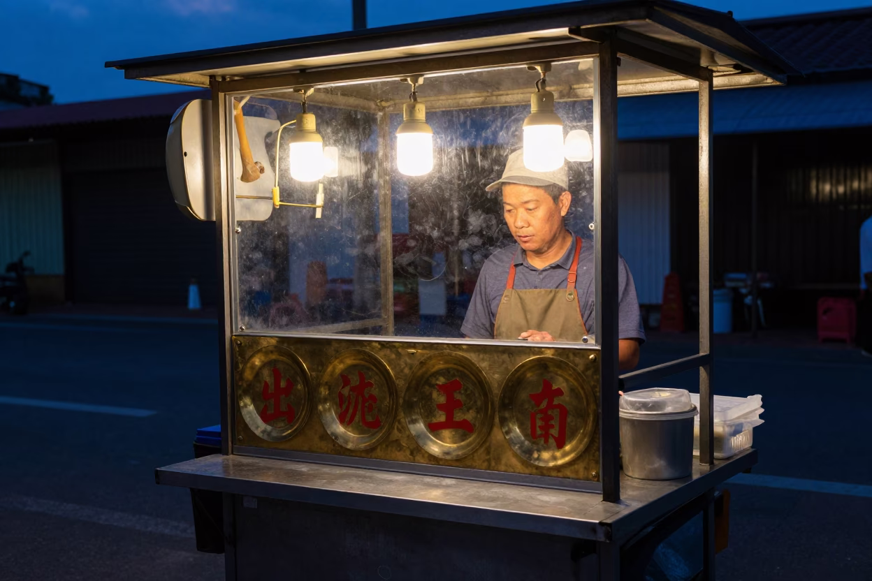 Kaohsiung Taiwan street food vendor at blue hour with brass plate and glass carafe in in Kaohsiung, Taiwan