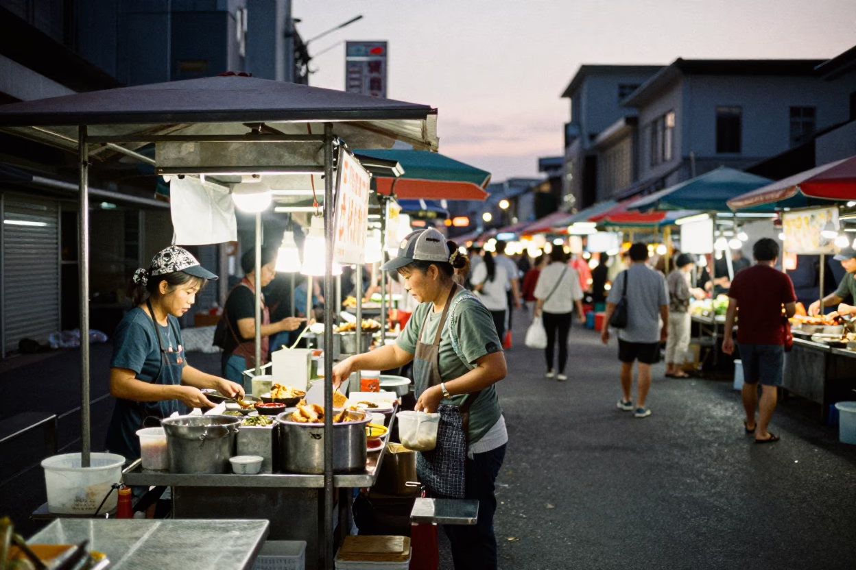 Kaohsiung Taiwan Street Food Vendor First Light Busy Night Market Scene in in Kaohsiung, Taiwan
