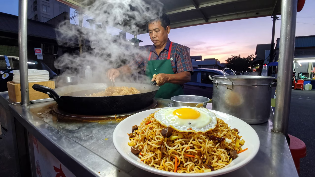 Kaohsiung Taiwan street food vendor preparing nasi goreng with fried egg before dawn in in Kaohsiung, Taiwan