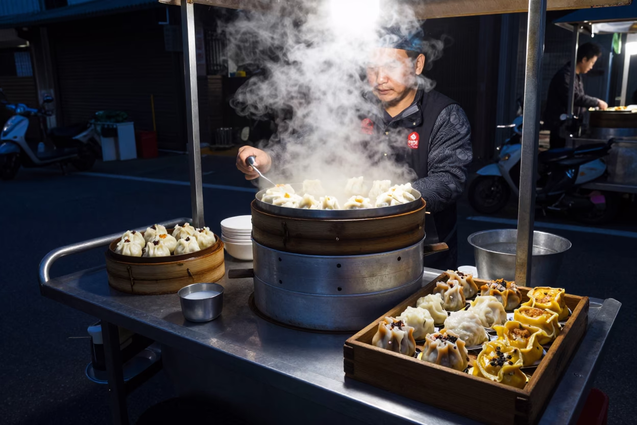 Kaohsiung Taiwan street food vendor selling steaming dim sum in predawn darkness in in Kaohsiung, Taiwan