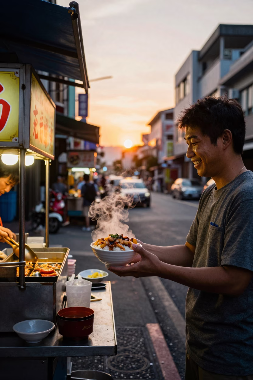 Kaohsiung Taiwan street food vendor serving hot katsudon rice bowl at sunset near harbor in in Kaohsiung, Taiwan