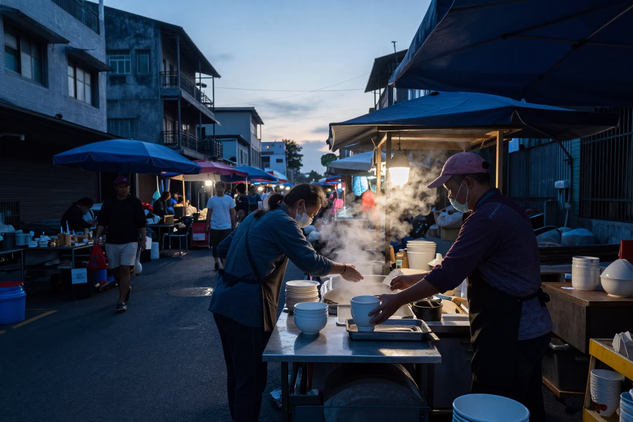 Kaohsiung Taiwan Street Market Before Sunrise with Ceramic Cup and Sambusa in in Kaohsiung, Taiwan