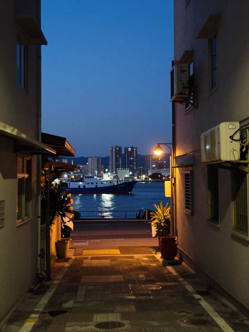 Kaohsiung Taiwan Street Scene At Dusk With Junk Boat And City Lights in in Kaohsiung, Taiwan