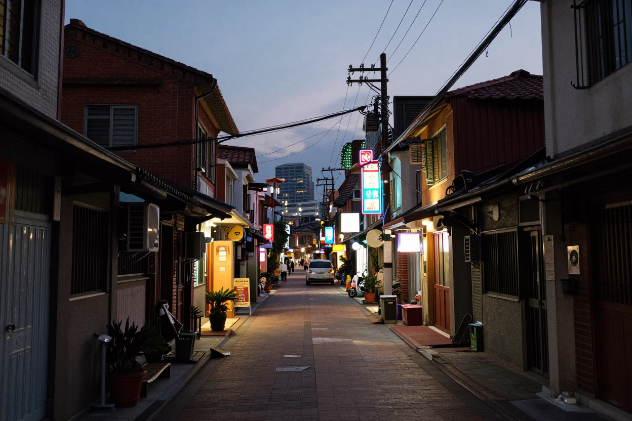 Kaohsiung Taiwan street scene at dusk with neon lights and urban details in in Kaohsiung, Taiwan