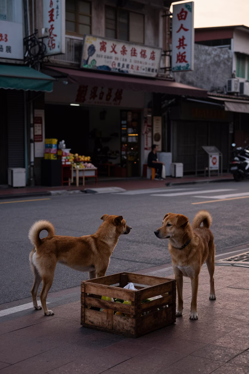 Kaohsiung Taiwan street scene at sunset with brown dog and fruit crate in in Kaohsiung, Taiwan