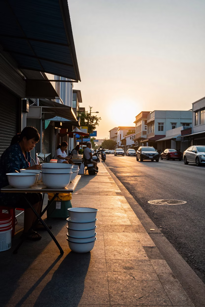 Kaohsiung Taiwan Street Scene at Sunset with Enamel Bowls and Teacups in in Kaohsiung, Taiwan