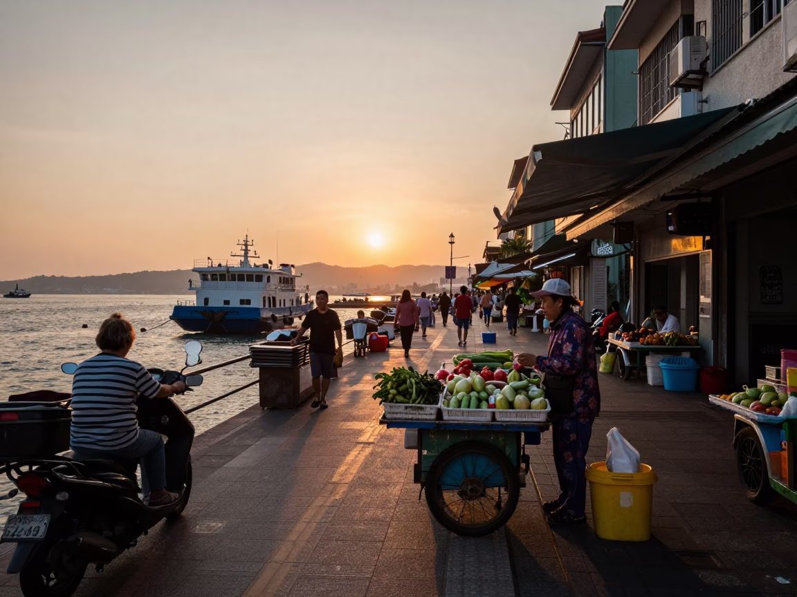 Kaohsiung Taiwan street scene at sunset with local vendors and pedestrians near the harbor in in Kaohsiung, Taiwan