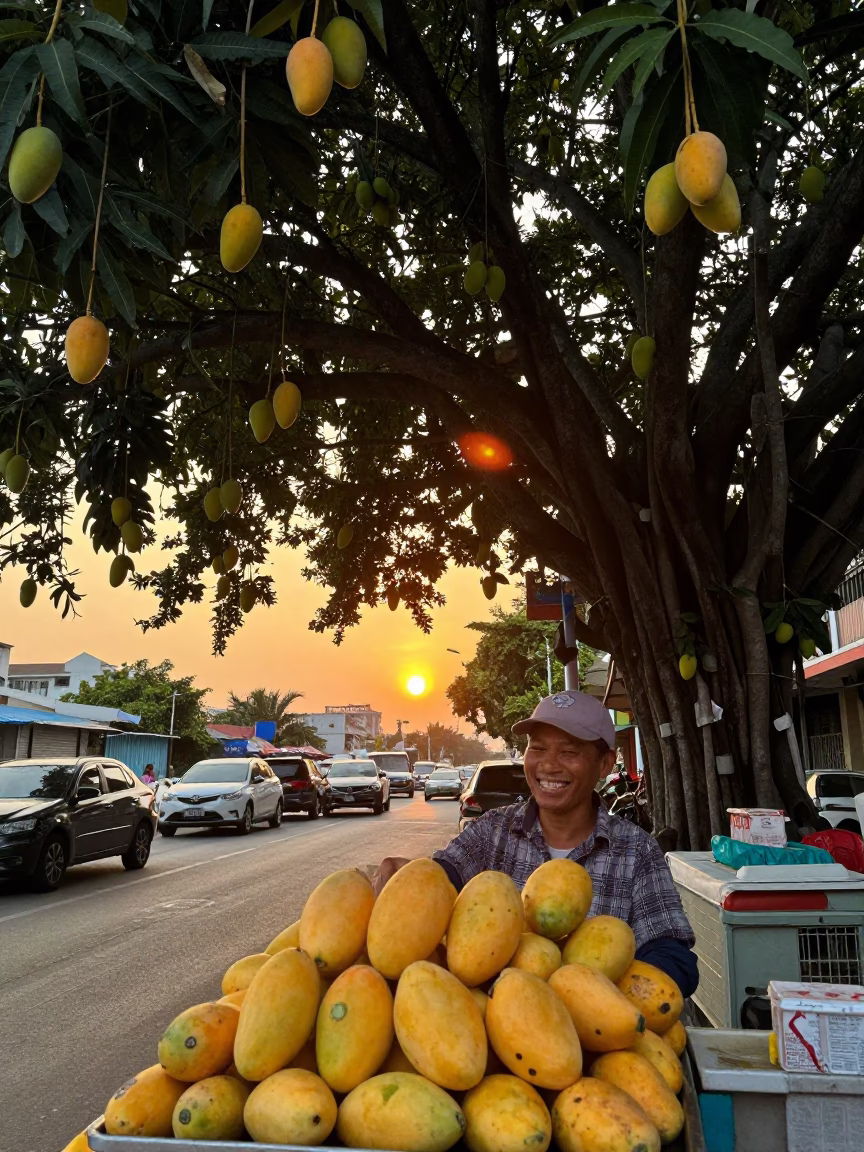 Kaohsiung Taiwan Street Scene at Sunset with Mangoes and Banyan Trees in in Kaohsiung, Taiwan