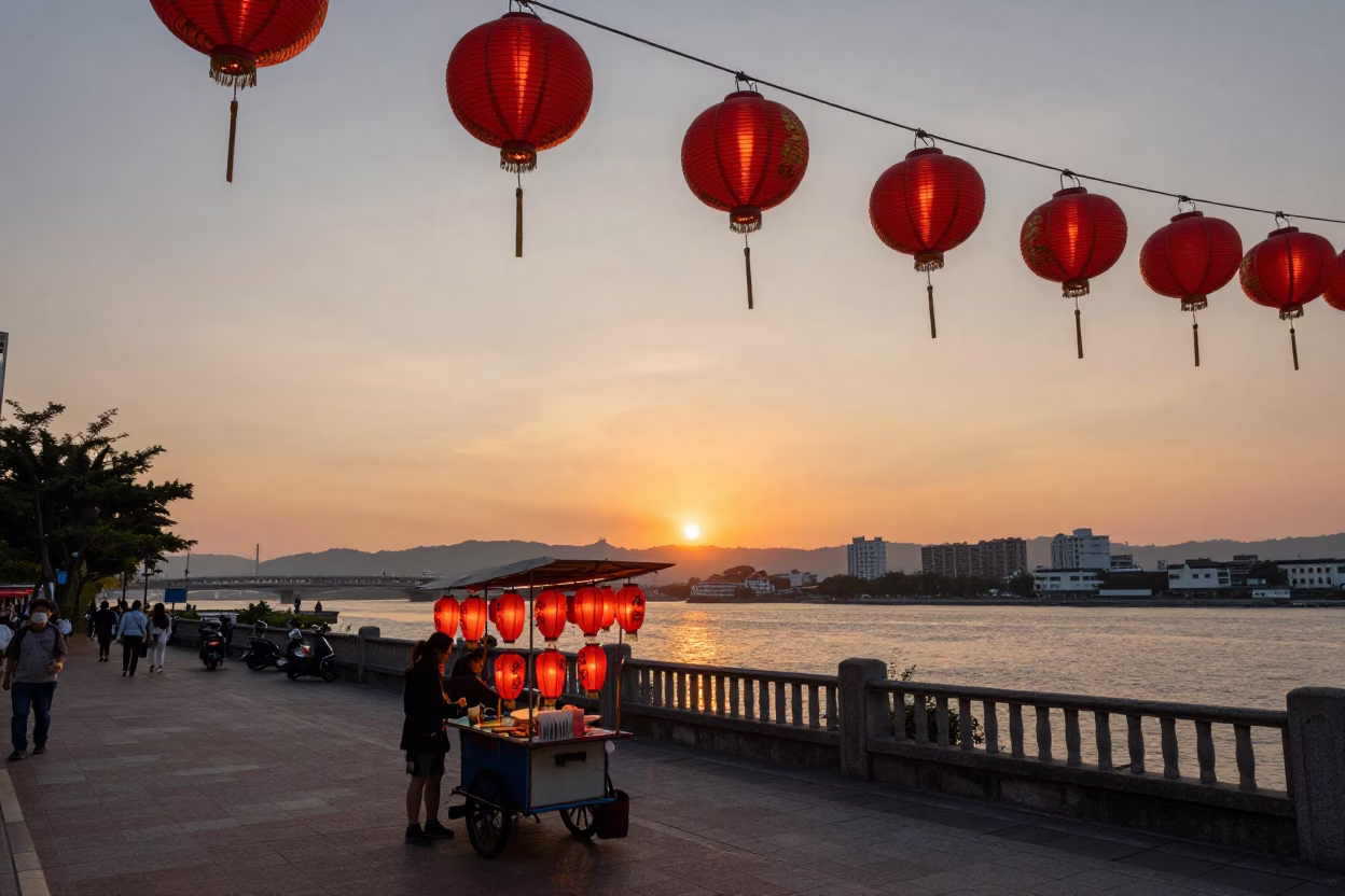 Kaohsiung Taiwan street scene at sunset with paper lanterns and busy traffic in in Kaohsiung, Taiwan