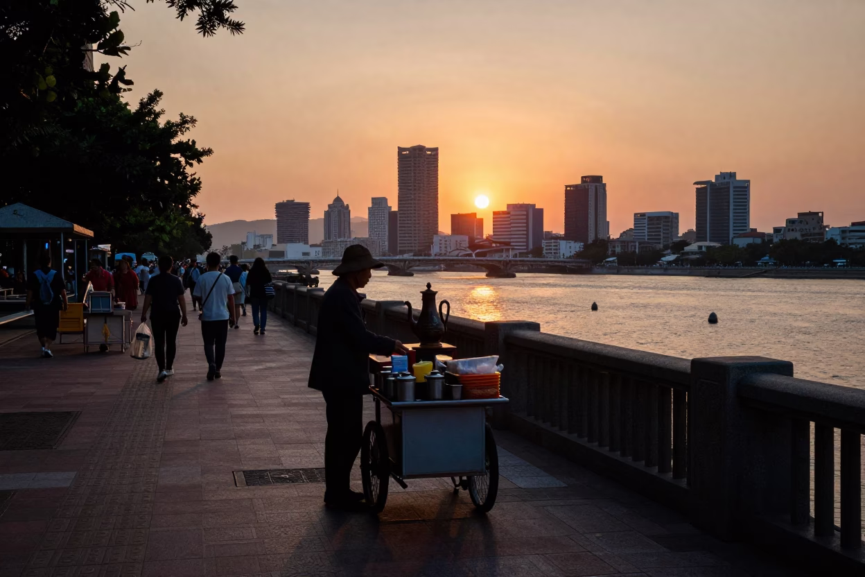 Kaohsiung Taiwan street scene at sunset with traditional tea pitcher and saucepan in in Kaohsiung, Taiwan