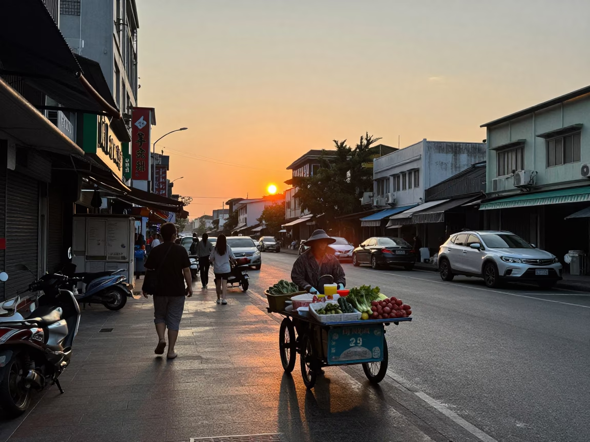 Kaohsiung Taiwan street scene at sunset with vendors and pedestrians in in Kaohsiung, Taiwan