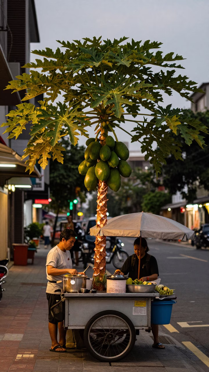 Kaohsiung Taiwan street scene copper light evening papaya tree fruit local vendor in in Kaohsiung, Taiwan