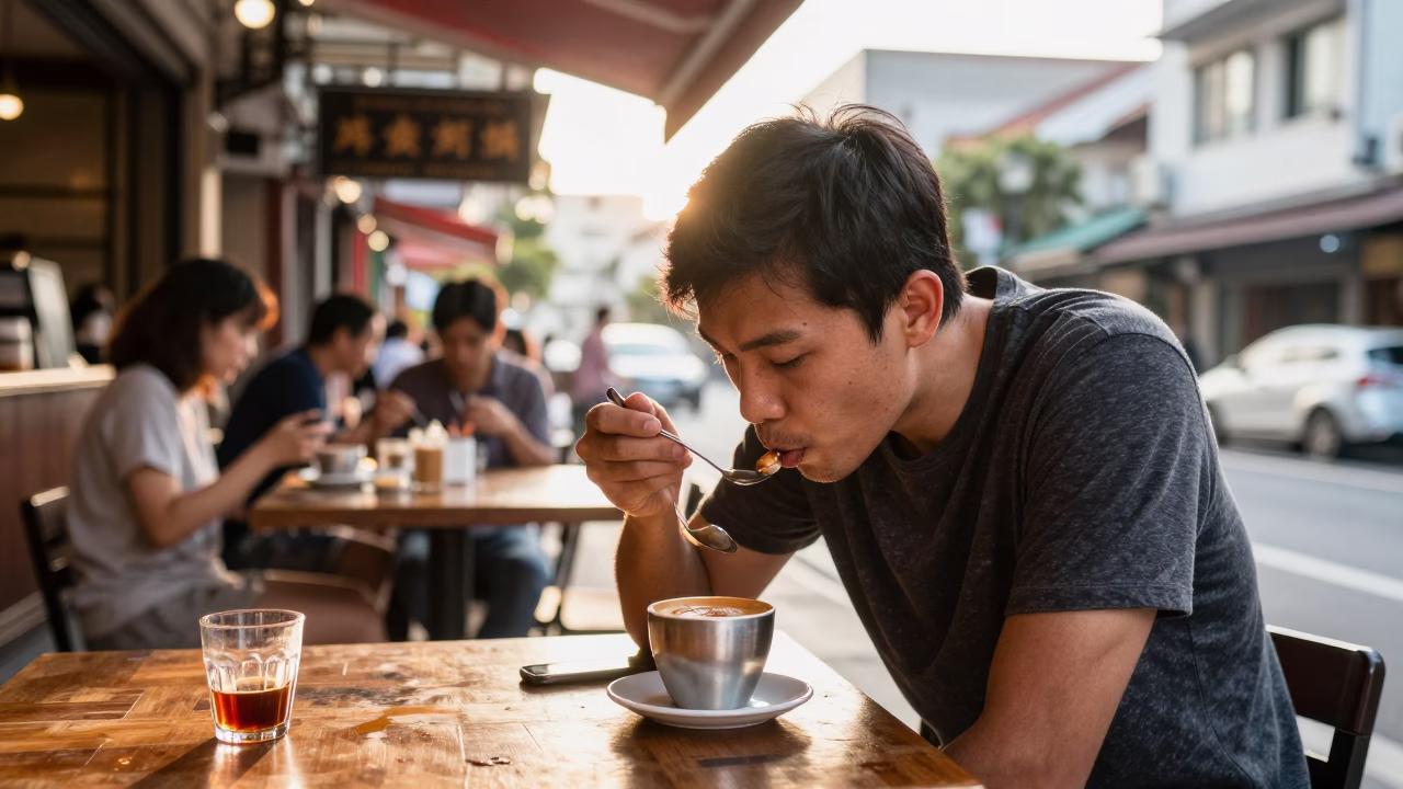 Kaohsiung Taiwan street scene just after sunrise with coffee cupper slurping from silver spoon in in Kaohsiung, Taiwan