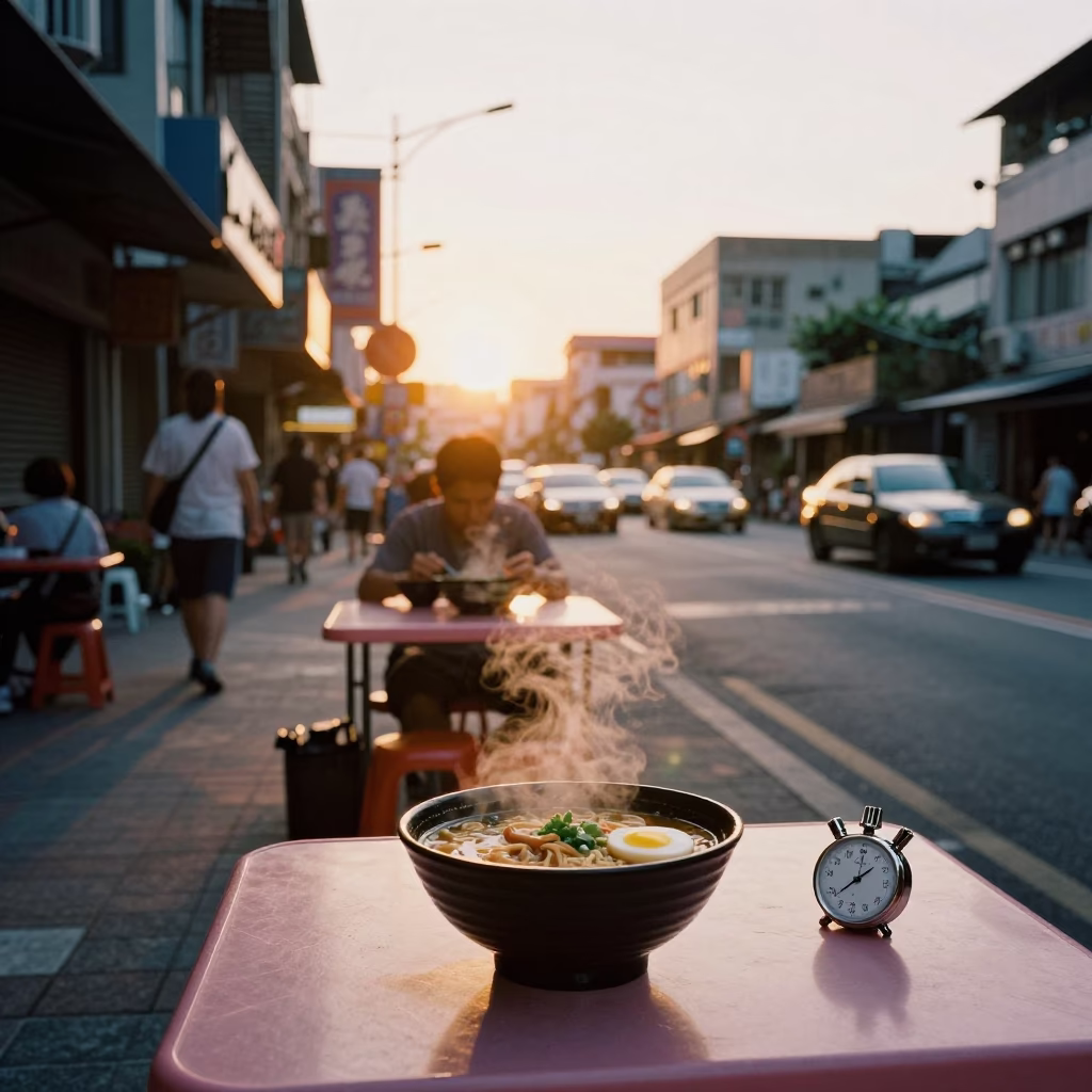 Kaohsiung Taiwan Street Scene Sunset Ramen Bowl and Stopwatch in in Kaohsiung, Taiwan