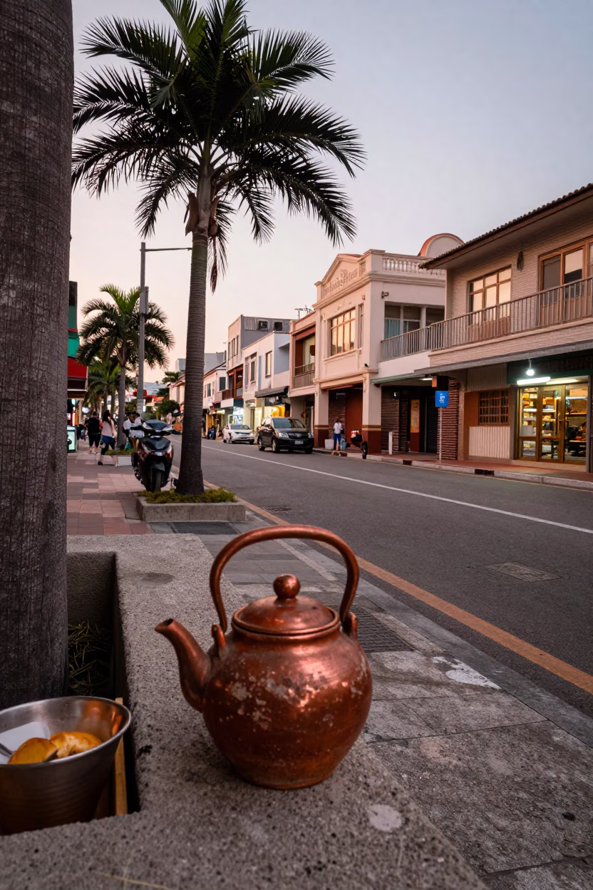 Kaohsiung Taiwan Street Scene with Clay Teapot and Acai Palm in Copper Toned Light in in Kaohsiung, Taiwan