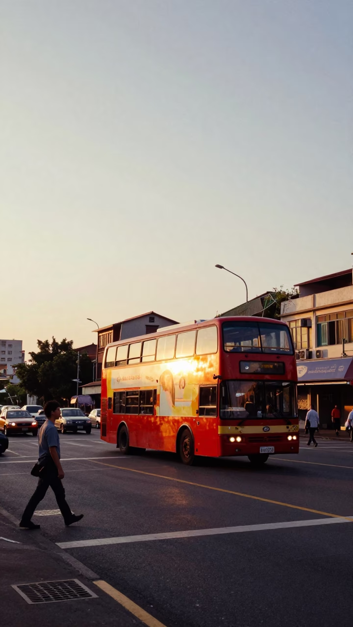 Kaohsiung Taiwan street scene with double-decker bus at golden hour sunset in in Kaohsiung, Taiwan