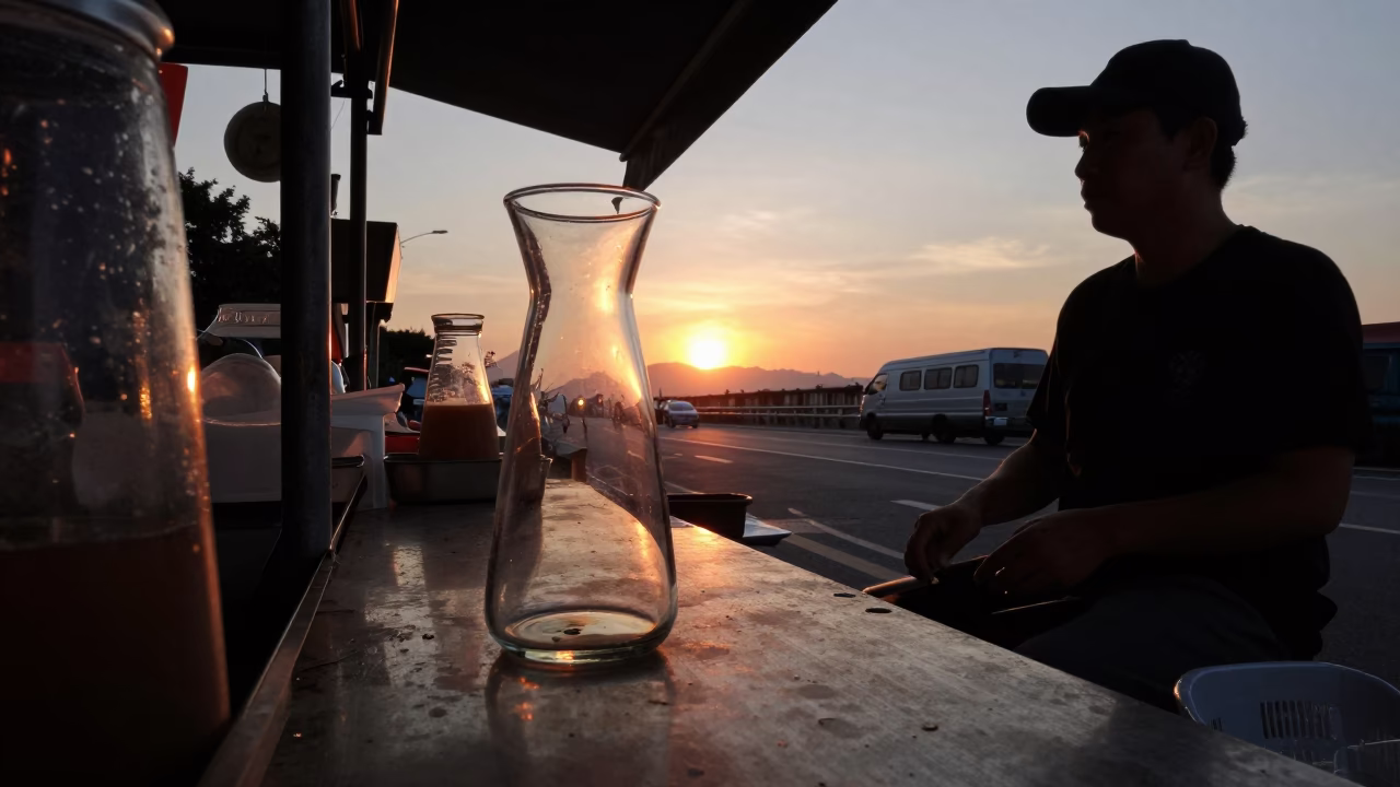 Kaohsiung Taiwan Street Scene with Glass Carafe at Sunset in in Kaohsiung, Taiwan