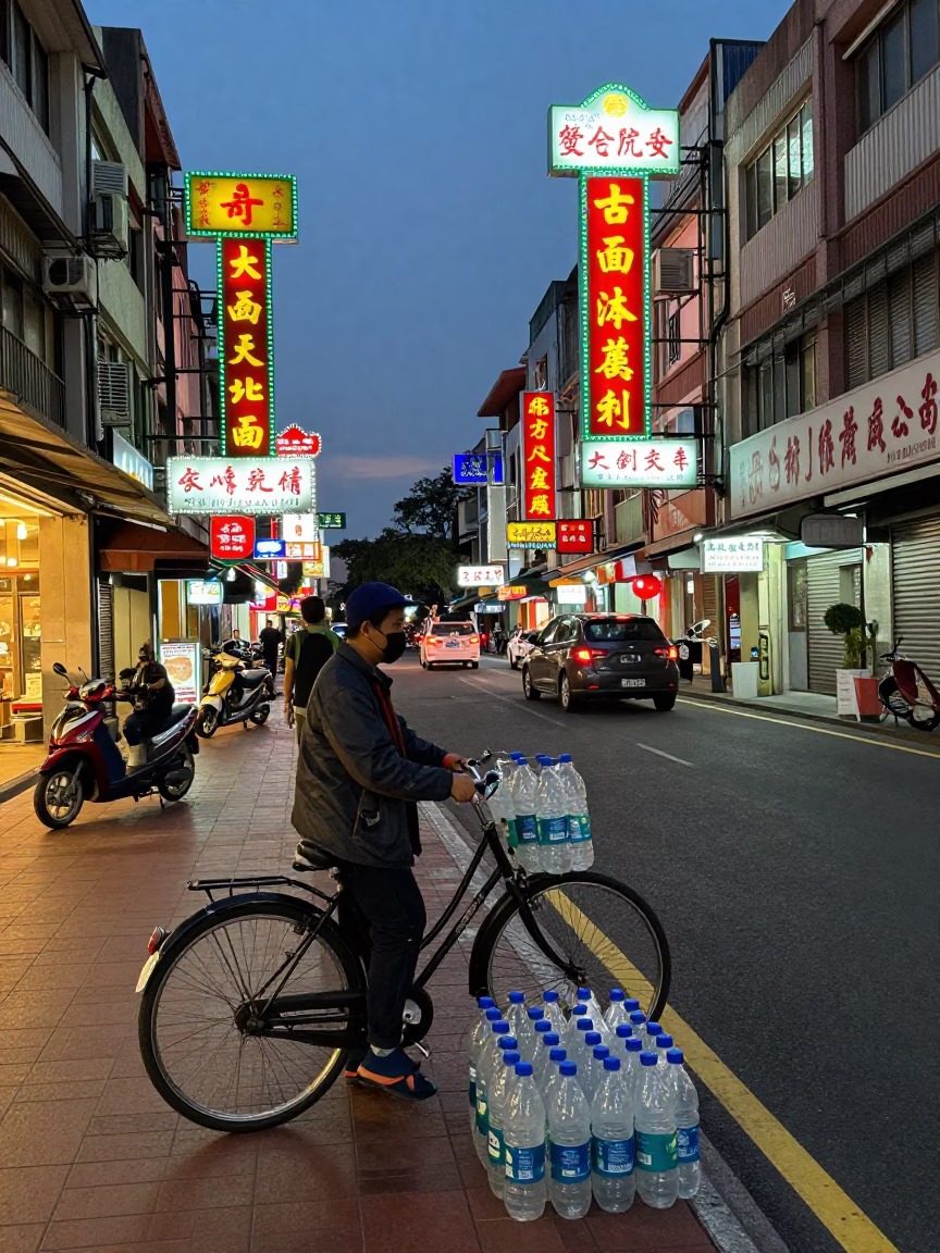 Kaohsiung Taiwan street scene with glowing neon signs and plastic bottles at dusk in in Kaohsiung, Taiwan