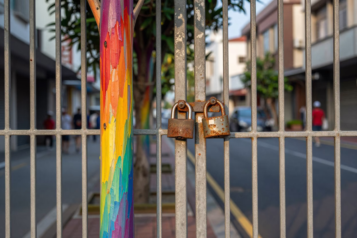 Kaohsiung Taiwan street scene with rainbow eucalyptus and vintage padlock on gate early afternoon in in Kaohsiung, Taiwan