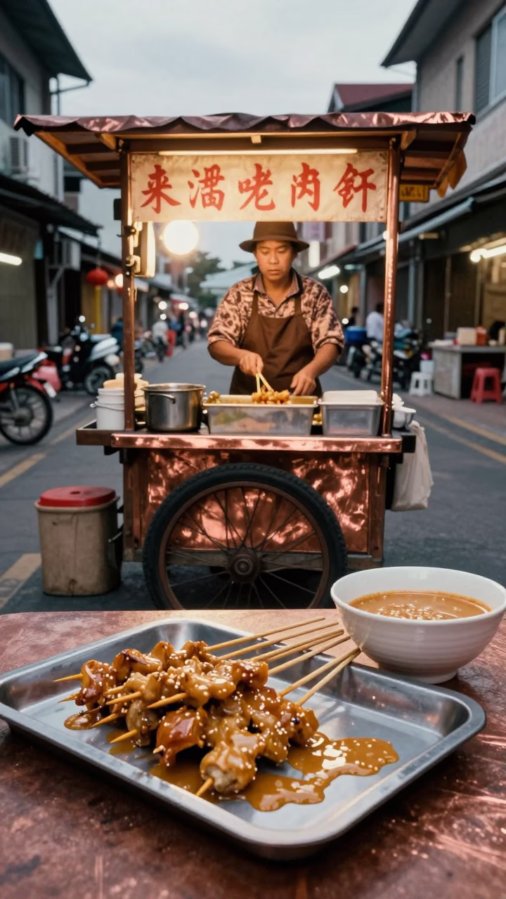 Kaohsiung Taiwan Street Scene with Satay Skewers and Ceramic Bowl in Dusk Light in in Kaohsiung, Taiwan