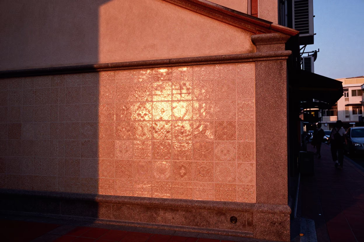 Kaohsiung Taiwan Street Scene with Sun Stripe Across Tile Before Dusk in in Kaohsiung, Taiwan